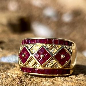 14k yellow gold Square-cut Ruby and Accent Diamond ring